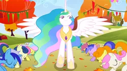 Size: 1366x768 | Tagged: safe, derpibooru import, screencap, bon bon, carrot top, dizzy twister, golden harvest, linky, minuette, orange swirl, princess celestia, sea swirl, seafoam, shoeshine, spring melody, sprinkle medley, sweetie drops, twinkleshine, alicorn, earth pony, pegasus, pony, unicorn, fall weather friends, bowing, c:, eyes closed, female, front facing, lidded eyes, low angle, mare, raised hoof, smiling, spread wings, wings