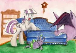 Size: 2301x1618 | Tagged: artist:souleatersaku90, derpibooru import, fanfic art, safe, specist, spike, spikeabuse, the simple life, traditional art, twilight sparkle, twilight velvet, watercolor painting