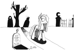 Size: 1024x698 | Tagged: safe, artist:mane-shaker, derpibooru import, pinkie pie, cemetery, monochrome, pinkamena diane pie, scared, traditional art