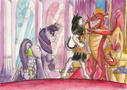 Size: 2316x1636 | Tagged: safe, artist:souleatersaku90, derpibooru import, garble, spike, twilight sparkle, oc, oc:fox trot, dragon, wolf, fanfic, canterlot castle, commission, fanfic art, the simple life, throne, throne room, traditional art, watercolor painting
