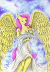 Size: 2446x3495 | Tagged: angel, angelic wings, anthro, artist:sinaherib, baby, clothes, derpibooru import, dress, fluttermom, fluttershy, fluttershy the angel, guardian angel, heaven, high res, mama fluttershy, mother and son, oc, oc:summer wind, offspring, parent:big macintosh, parent:fluttershy, parents:fluttermac, safe, swaddling, traditional art