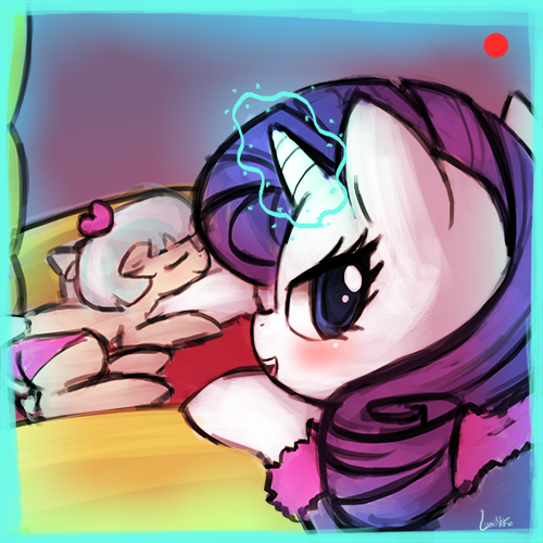 Size: 500x500 | Tagged: artist:lumineko, bed, blushing, camera, camera shot, clothes, coco pommel, derpibooru import, eyes closed, female, floppy ears, glowing horn, lesbian, levitation, looking back, magic, marshmallow coco, panties, plot, rarity, safe, shipping, sleeping, underwear