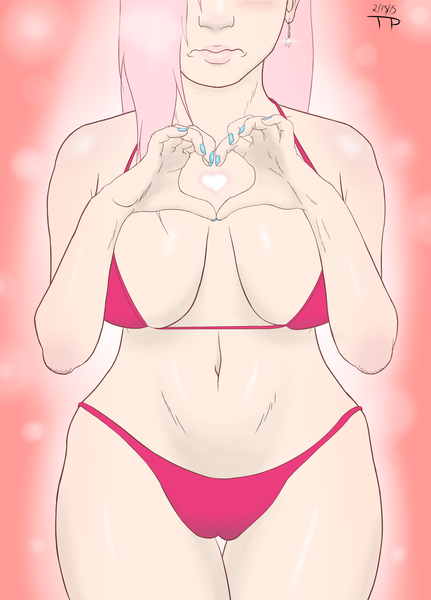 Size: 2541x3541 | Tagged: artist:thethunderpony, big breasts, bikini, breasts, busty fluttershy, clothes, derpibooru import, earring, female, fluttershy, heart, huge breasts, human, humanized, light skin, nail polish, questionable, solo, solo female, swimsuit, valentine's day, wavy mouth
