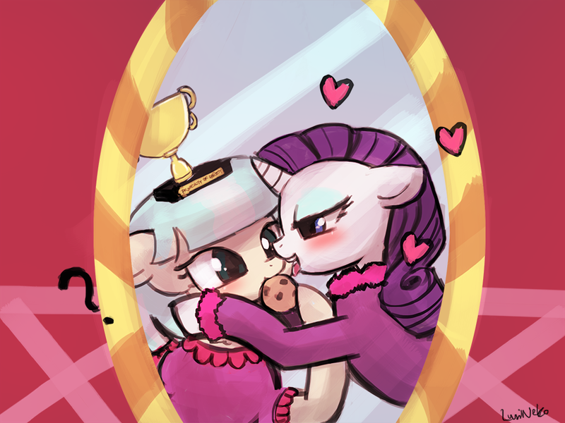 Size: 960x720 | Tagged: safe, artist:lumineko, derpibooru import, coco pommel, rarity, bedroom eyes, blushing, cookie, eating, female, floppy ears, food, heart, lesbian, licking, marshmallow coco, mirror, shipping, tongue out, trophy, trophy waifu