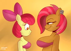 Size: 4000x2880 | Tagged: anthro, apple bloom, appleseed, artist:scobionicle99, ask nudist sweetie belle, babs seed, bedroom eyes, big breasts, bra, breast envy, breasts, busty apple bloom, busty babs seed, chubby, cleavage, clothes, derpibooru import, eyes on the prize, female, freckles, huge breasts, lesbian, shipping, size difference, smiling, smirk, suggestive, underwear