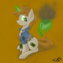 Size: 1100x1100 | Tagged: safe, artist:billysan727, derpibooru import, oc, oc:littlepip, unofficial characters only, pony, unicorn, fallout equestria, fanfic, :p, clothes, cutie mark, fanfic art, female, glowing horn, hooves, horn, levitation, magic, mare, pipbuck, silly, silly pony, simple background, sitting, smoke, solo, telekinesis, toaster, toaster repair pony, tongue out, vault suit