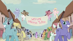 Size: 1280x720 | Tagged: derpibooru import, edit, edited screencap, equal town banner, equal town banner meme, implied princess twilight, in our town, misspelling, safe, screencap, swarm of the century, the cutie map, we couldn't fit it all in, welcome princess celest