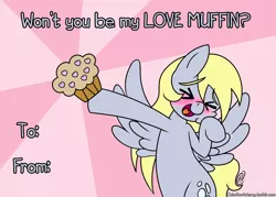 Size: 1000x714 | Tagged: safe, artist:outofworkderpy, derpibooru import, derpy hooves, pegasus, pony, abstract background, bipedal, blushing, cute, derpabetes, eyes closed, female, heart, mare, muffin, open mouth, outofworkderpy, smiling, solo, spread wings, valentine, valentine's day, valentine's day card