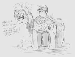 Size: 1089x833 | Tagged: suggestive, artist:xieril, derpibooru import, rainbow dash, oc, oc:anon, human, pegasus, pony, bath, brush, cap, cleaning, dialogue, female, hat, human on pony action, interspecies, male, mare, monochrome, shampoo, simple background, sketch, soap, traditional art, washing, wet mane, white background