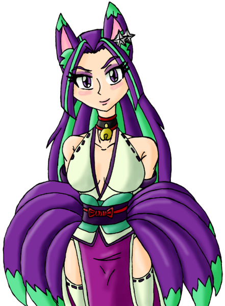 Size: 661x900 | Tagged: safe, alternate version, artist:eradose, derpibooru import, aria blaze, equestria girls, alternate costumes, alternate hairstyle, breasts, busty aria blaze, cleavage, female, kitsune, nine tailed fox, simple background, solo, tamamo no mae, transparent background