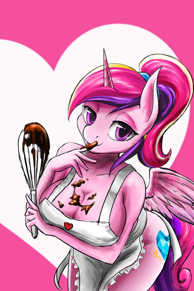 Size: 1000x1500 | Tagged: anthro, apron, artist:d-lowell, breasts, busty princess cadance, chocolate, clothes, derpibooru import, female, foodplay, naked apron, princess cadance, questionable, whisk