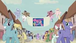 Size: 1279x720 | Tagged: safe, derpibooru import, edit, edited screencap, screencap, applejack, fluttershy, pinkie pie, rainbow dash, rarity, starlight glimmer, twilight sparkle, twilight sparkle (alicorn), equestria girls, friendship games, the cutie map, equal town banner, equal town banner meme, group shot, hasbro, in our town, mane six, meme, my little pony logo