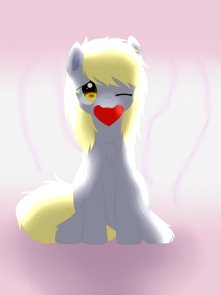 Size: 1944x2592 | Tagged: safe, artist:alexander56910, derpibooru import, derpy hooves, pegasus, pony, begging, chest fluff, ear fluff, female, heart, heart eyes, hearts and hooves day, mare, mouth hold, one eye closed, pleading, solo, wingding eyes