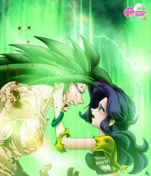 Size: 2024x2364 | Tagged: semi-grimdark, artist:mauroz, derpibooru import, rarity, spike, human, anime style, blood, bracelet, broly, crying, energy blast, female, fire ruby, gem, glowing eyes, humanized, jewelry, light skin, looking at each other, male, out of control magic, ruby, shipping, sparity, straight, super saiyan, touching face