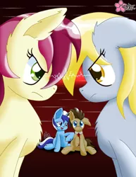 Size: 800x1035 | Tagged: safe, artist:clouddg, derpibooru import, derpy hooves, doctor whooves, minuette, roseluck, time turner, pegasus, pony, background pony, death stare, doctor whooves gets all the mares, doctorderpy, female, love triangle, male, mare, rivalry, shipping, shipping war, straight