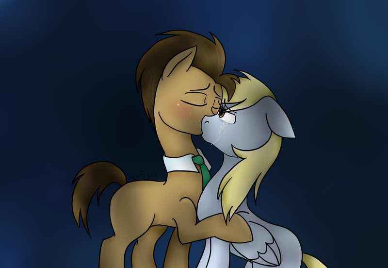 Size: 2900x2000 | Tagged: safe, artist:avaflynn, derpibooru import, derpy hooves, doctor whooves, time turner, pegasus, pony, blank flank, blushing, crying, doctorderpy, eyes closed, female, floppy ears, kissing, male, mare, shipping, simple background, straight