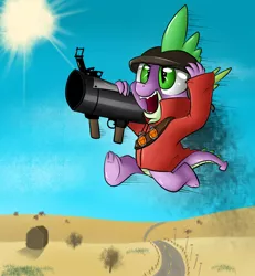 Size: 1024x1107 | Tagged: artist:djbrony00, crossover, derpibooru import, rocket jump, rocket launcher, safe, soldier, solo, spike, team fortress 2