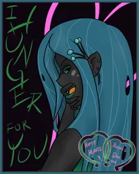 Size: 800x1000 | Tagged: suggestive, artist:wryte, derpibooru import, queen chrysalis, anthro, bare shoulder portrait, bedroom eyes, fangs, hearts and hooves day, hearts and hooves day cards, human facial structure, licking lips, seductive, tongue out