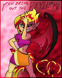 Size: 800x1000 | Tagged: safe, artist:wryte, derpibooru import, sunset shimmer, demon, equestria girls, alternate hairstyle, belly button, blushing, breasts, clothes, fangs, flirty, hearts and hooves day, hearts and hooves day cards, humanized, midriff, side slit, skirt, sunset satan, tailed humanization, text, transformation, underboob, winged humanization