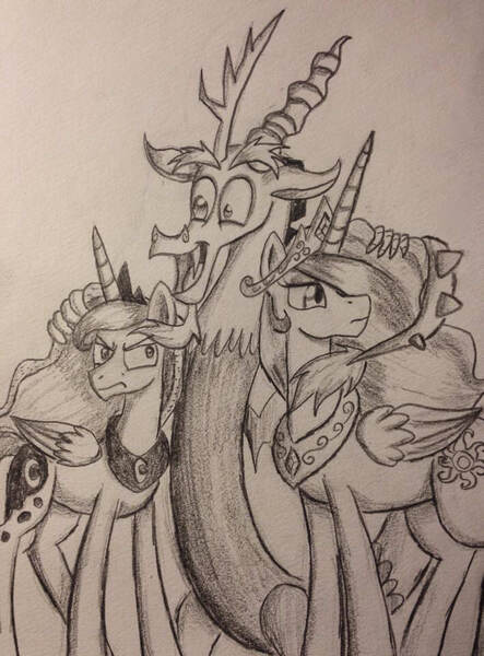 Size: 708x960 | Tagged: artist:leffenkitty, derpibooru import, discord, grayscale, monochrome, princess celestia, princess luna, safe, traditional art