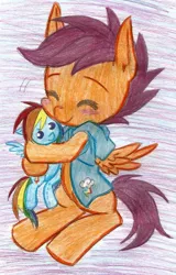 Size: 898x1404 | Tagged: artist:krazykari, artist:megarexetera, blushing, clothes, colored, cute, cutealoo, derpibooru import, hug, plushie, rainbow dash, safe, scootaloo, smiling, traditional art, wings