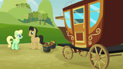 Size: 576x324 | Tagged: safe, derpibooru import, screencap, apple honey, apple squash, apple tarty, golden delicious, red june, sweet tooth, earth pony, pony, apple family reunion, animated, animation error, apple family member, background pony, carriage, coach, female, filly, foal, male, mare, stallion