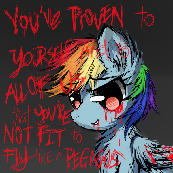 Size: 600x600 | Tagged: grimdark, artist:eevora, derpibooru import, rainbow dash, pony, fanfic:rainbow factory, blood, bust, chest fluff, ear fluff, fanfic art, female, mare, pegasus device, rainbow factory dash, smiling, solo