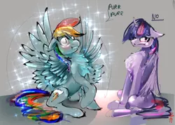 Size: 3992x2838 | Tagged: safe, artist:alumx, derpibooru import, rainbow dash, twilight sparkle, twilight sparkle (alicorn), alicorn, pony, :t, behaving like a bird, behaving like a cat, blushing, chest fluff, courtship, denied, female, floppy ears, fluffy, frown, impossibly large chest fluff, lesbian, mare, mating dance, peacocking, purring, raised hoof, shipping, shipping denied, sitting, sparkles, spread wings, twidash, twilight cat, unamused, wingboner