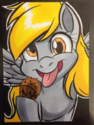 Size: 1024x1365 | Tagged: safe, artist:joshuadraws, derpibooru import, derpy hooves, pegasus, pony, female, looking at you, mare, muffin, solo, tongue out, traditional art