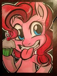 Size: 2448x3264 | Tagged: safe, artist:joshuadraws, derpibooru import, pinkie pie, cupcake, solo, tongue out, traditional art