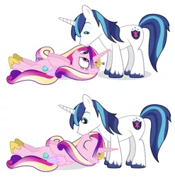 Size: 549x555 | Tagged: artist:dm29, cross-eyed, derpibooru import, eye contact, eyes closed, female, kissing, male, on back, princess cadance, safe, shining armor, shiningcadance, shipping, simple background, smiling, straight, vector, white background