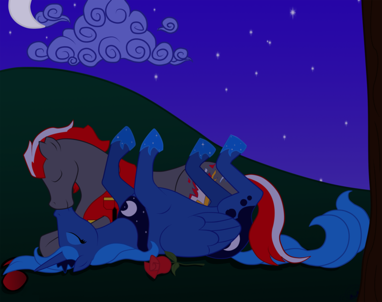 Size: 1023x809 | Tagged: safe, artist:natmonkey, derpibooru import, princess luna, oc, oc:hyper active, canon x oc, clothes, cloud, date, eyes closed, moon, nuzzling, rose, scenery, shipping, stars, sunglasses, vest