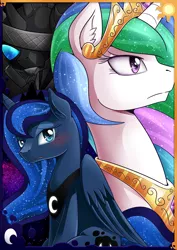 Size: 2480x3506 | Tagged: artist:vavacung, blushing, changeling, comic:when villain win, derpibooru import, fake celestia, poster, princess celestia, princess luna, safe