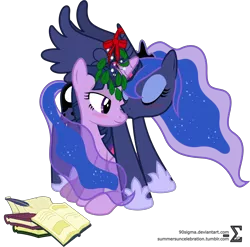 Size: 6800x6720 | Tagged: absurd resolution, artist:90sigma, blushing, derpibooru import, female, kissing, lesbian, mistletoe, mistletoe horn, princess luna, safe, shipping, simple background, transparent background, twilight sparkle, twiluna, vector