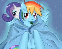 Size: 2086x1634 | Tagged: artist:timorikawa, blanket, derpibooru import, featureless crotch, female, lesbian, pixiv, rain, rainbow dash, raridash, rarity, safe, shipping