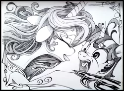 Size: 3800x2796 | Tagged: dead source, safe, artist:uminanimu, derpibooru import, princess celestia, twilight sparkle, pony, duo, eyes closed, female, grayscale, high res, mare, monochrome, open mouth, tongue out, traditional art