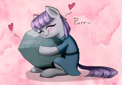 Size: 1502x1047 | Tagged: safe, artist:sigmanas, derpibooru import, maud pie, tom, earth pony, pony, behaving like a cat, blushing, cargo ship, clothes, cute, eyes closed, female, heart, hearts and hooves day, hug, love, mare, maudabetes, purring, rock, rockcon, shipping, sitting, smiling, that pony sure does love rocks, tomaud, valentine's day, when she smiles, щщоки