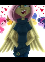 Size: 1024x1391 | Tagged: safe, artist:kyra--chan, derpibooru import, cheese sandwich, flash sentry, fluttershy, pinkie pie, twilight sparkle, twilight sparkle (alicorn), anthro, bandaid, belt, cheesepie, clothes, female, flashlight, heart, hearts and hooves day, male, shipping, straight, sweater, sweatershy, tongue out