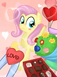 Size: 600x810 | Tagged: safe, artist:obcor, derpibooru import, fluttershy, pegasus, pony, bouquet, chocolate, female, fluttershy gets all the mares, fluttershy gets all the stallions, hearts and hooves day, mare, offscreen character, solo