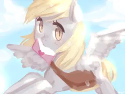 Size: 1280x960 | Tagged: safe, artist:marinakirby, derpibooru import, derpy hooves, pegasus, pony, cute, derpabetes, female, flying, letter, looking at you, mail, mailbag, mailmare, mare, mouth hold, solo, spread wings