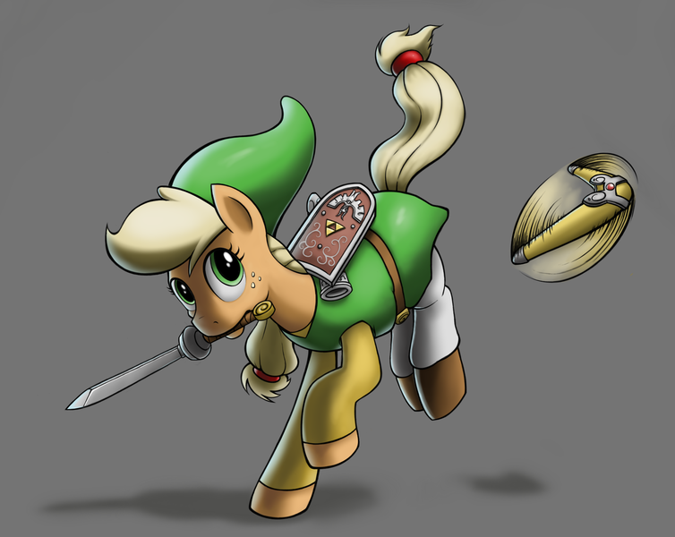 Size: 2000x1591 | Tagged: applejack, applelink, artist:anearbyanimal, blank flank, boomerang, clothes, cosplay, crossover, derpibooru import, link, safe, shading, super smash bros., sword, the legend of zelda, the legend of zelda: the wind waker, toon link, weapon