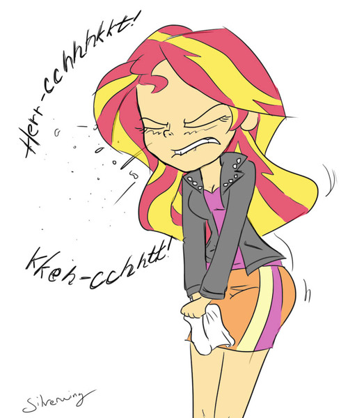 Size: 876x1024 | Tagged: safe, artist:silverwing, artist:sudosnz, derpibooru import, edit, sunset shimmer, equestria girls, cleavage, clothes, cute, female, handkerchief, jiggling, nostrils, skirt, sneezing, sneezing fetish, tissue