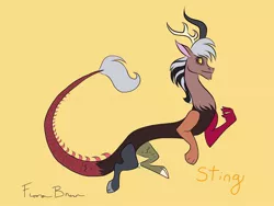 Size: 2048x1536 | Tagged: safe, artist:fiona brown, derpibooru import, discord, lord tirek, oc, oc:sting, unofficial characters only, draconequus, hybrid, gay, image, interspecies offspring, jpeg, magical gay spawn, male, offspring, parent:discord, parent:lord tirek, parents:tirekcord, shipping, simple background, solo, tirekcord