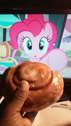 Size: 576x1024 | Tagged: safe, derpibooru import, screencap, pinkie pie, pony, cinnamon bun, irl, photo, waifu dinner