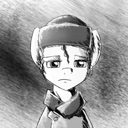 Size: 2000x2000 | Tagged: safe, artist:whisperfoot, derpibooru import, oc, oc:nofuckingnamebitch, unofficial characters only, earth pony, pony, black and white, clothes, coat, grayscale, hat, monochrome, russian, sad, sketch, solo, ushanka