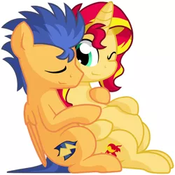 Size: 1280x1282 | Tagged: safe, artist:furrgroup, derpibooru import, flash sentry, sunset shimmer, pegasus, pony, unicorn, backwards cutie mark, couple, cuddling, cute, diasentres, eyes closed, female, flashimmer, hug, love, male, pregnant, shimmerbetes, shipping, sitting, smiling, snuggling, straight, wink