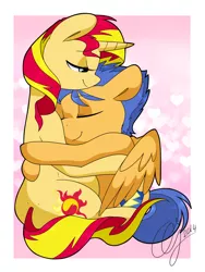 Size: 1280x1700 | Tagged: safe, artist:inkie-heart, derpibooru import, flash sentry, sunset shimmer, pony, backwards cutie mark, couple, cuddling, eyes closed, female, flashimmer, floppy ears, hug, love, male, pregnant, shipping, sitting, smiling, snuggling, straight