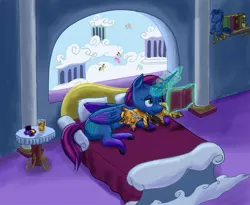 Size: 2496x2048 | Tagged: safe, artist:snapai, derpibooru import, derpy hooves, pinkie pie, wild fire, oc, oc:snowdrop, alicorn, cat, pony, alicorn oc, bed, bedroom, book, commission, levitation, magic, plushie, reading, side, smiling, telekinesis, underhoof, wings