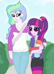 Size: 592x800 | Tagged: safe, artist:unoriginai, derpibooru import, princess celestia, twilight sparkle, oc, oc:prince dawn, equestria girls, alternate costumes, alternate hairstyle, baby, bag, blushing, bush, cute, cutie mark, female, lesbian, magical lesbian spawn, offspring, onesie, parent:princess celestia, parent:twilight sparkle, parents:twilestia, shipping, twilestia