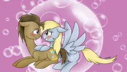 Size: 1024x585 | Tagged: safe, artist:avaflynn, derpibooru import, derpy hooves, doctor whooves, time turner, pegasus, pony, blushing, doctorderpy, female, floppy ears, male, mare, prone, shipping, straight